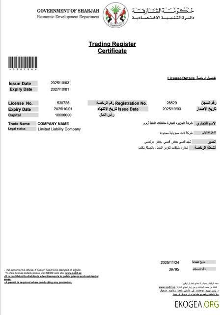 Modèle Word et PDF de certificat de licence commerciale de Sharjah aux Émirats arabes unis